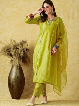 Gahan - Green Cotton Blend Sequence Zari work Straight Kurta Pant with Dupatta