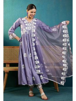 Gahan - Lavender Silk Blend Chain Work Embroidered Anarkali with Pant and Organza Dupatta Set