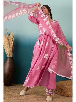 Gahan - Pink Chinon Chain Embroidered Anarkali with Pant and Organza Dupatta Set