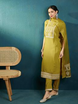 Gahan - Mustard Thread Sequence Embroidered Kurta With Pant And Organza Dupatta