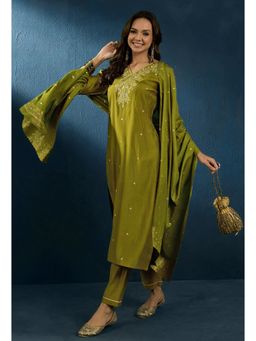 Gahan - Mehndi Green Silk Blend Zari Sequence Embroidered Kurta With Pant and Dupatta