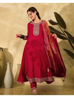 Gahan - Red Silk Blend Zari Sequence Embroidery Anarkali with Pant and Dupatta