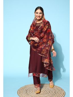 Gahan - Wine Viscose Rayon Sequence Zari Gota work Kurta Pant with Printed Dupatta