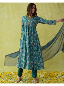 Gahan - Teal Silk Blend sequence Embroidery Floral Printed Kurta with Pant and Cutwork Dupatta