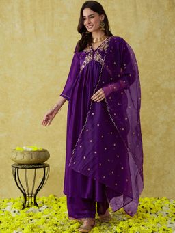 Gahan - Purple Vichitra Zari Sequence Embroidery Kurta With Palazzo And Cut Work Dupatta