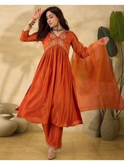Gahan - Orange Vichitra Zari Sequence Embroidery Kurta With Palazzo And Cut Work Dupatta