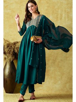 Gahan - Teal Silk Blend Sequence Embroidered Anarkali Pant with Cut Work Dupatta