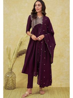 Gahan - Wine Silk Blend Sequence Embroidered Kurta Pant with Cut Work Dupatta