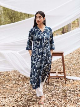 Mera Rang - Maira Indigo Floral V Neck A Line Kurta