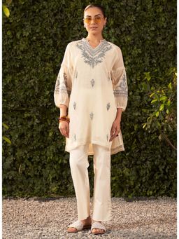 Lakshita - Blue Embroidered Striped Chanderi Straight Kurti