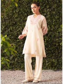 Lakshita - Pink Embroidered Striped Chanderi Straight Kurti