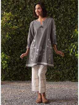 Lakshita - Grey Embroidered Chambray A-Line Kurti