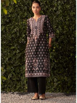 Lakshita - Black Floral Printed Long Kurta