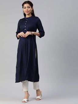 Vinya - Navy Blue Solid Straight Kurta