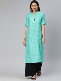 Vinya - Turquoise Slub Silk Checks Kurta