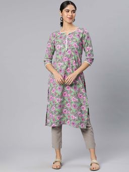 Vinya - Green Floral Kantha Print Cotton Kurta