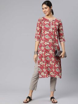Vinya - Red Floral Kantha Print Cotton Kurta