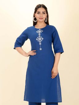 ARAMYA - Blue Soft Cotton Solid Straight Kurta