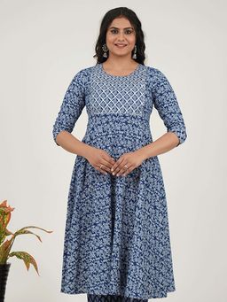 ARAMYA - Navy Blue Soft Cotton Floral Anarkali Kurta