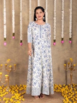 ARAMYA - Off White Soft Cotton Floral Anarkali Kurta