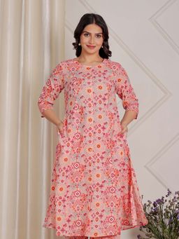 ARAMYA - Pink Soft Cotton Geometric A-Line Kurta