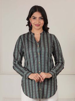 ARAMYA - Green Soft Cotton Striped Kurti