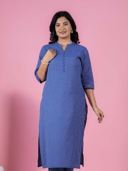 ARAMYA - Blue Kantha Cotton Solid A-Line Kurta