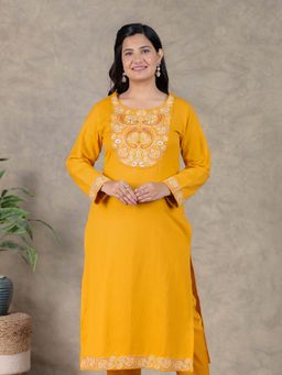 ARAMYA - Yellow Cotton Dobby Straight Kurta