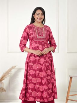 ARAMYA - Maroon Soft Cotton Floral Anarkali Kurta