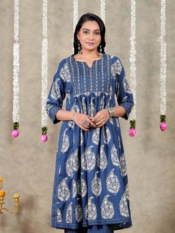 ARAMYA - Blue Soft Cotton Block Print A-Line Kurta