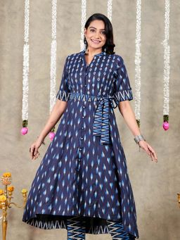 ARAMYA - Navy Blue Linen Cotton Ikat High Low Kurta with Belt (Set of 2)