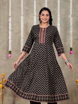 ARAMYA - Black Soft Cotton Butti Anarkali Kurta
