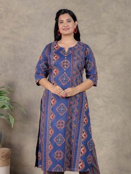 ARAMYA - Blue Soft Cotton Geometric A-Line Kurta