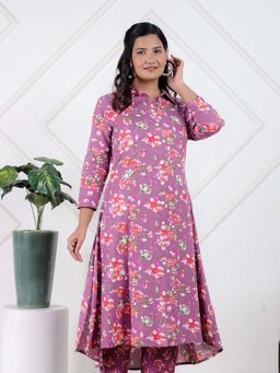 ARAMYA - Purple Linen Cotton Floral High Low Kurta