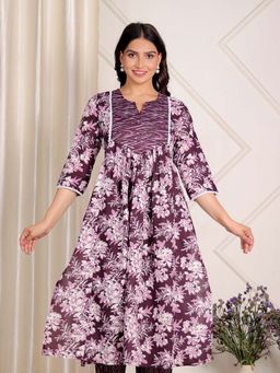 ARAMYA - Purple Soft Cotton Floral A-Line Kurta