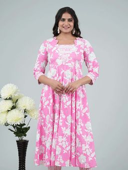 ARAMYA - Pink Soft Cotton Floral Flared Kurta