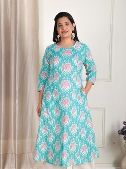 ARAMYA - Blue Soft Cotton Ikat A-Line Kurta