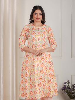 ARAMYA - Peach Soft Cotton Ikat A-Line Kurta
