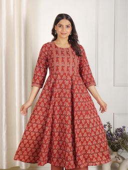 ARAMYA - Red Soft Cotton Ajrakh Flared Kurta