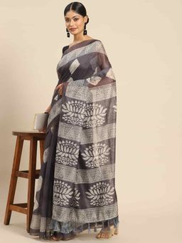 Silk Land - Womens Pure Cotton Black Block Print Saree with Unstitched Blouse