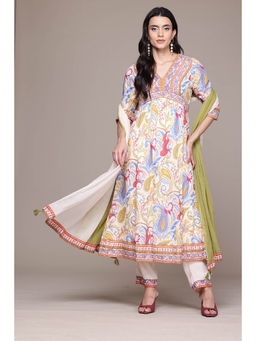 Aarke Ritu Kumar - Women Off White Printed Anarkali Kurta with Pant and Dupatta (Set of 3)