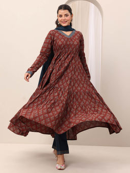 Libas - Women Brown Printed Anarkali with Pant and Dupatta (Set of 3)