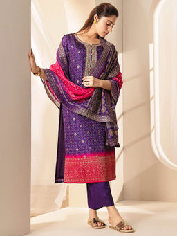 Libas - Women Purple Embroidered Kurta with Pant and Dupatta (Set of 3)