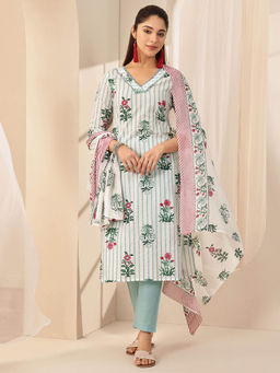 Libas - Women Blue Floral Kurta with Pant and Dupatta (Set of 3)