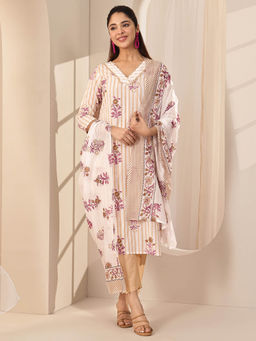 Libas - Women Beige Floral Kurta with Pant and Dupatta (Set of 3)