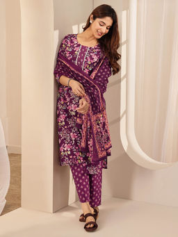 Libas - Women Purple Floral Kurta with Pant and Dupatta (Set of 3)