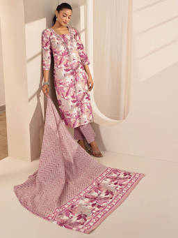 Libas - Women Mauve Floral Kurta with Pant and Dupatta (Set of 3)