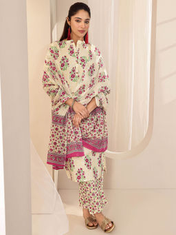 Libas - Women Off White Floral Kurta with Pant and Dupatta (Set of 3)