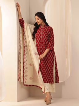 Libas - Women Red Printed Kurta with Palazzo and Dupatta (Set of 3)