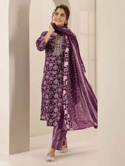 Libas - Women Purple Embroidered Kurta with Pant and Dupatta (Set of 3)